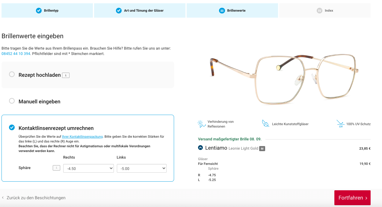 Bildschirmfoto der Kontaktlinsenrezept-Umrechnung beim Bestellvorgang